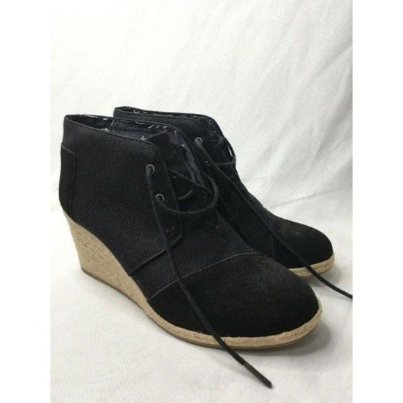 TOMS Black  Canvas Desert Wedge Lace-Up Ankle Booty Shoes Style 681114 US11 - Picture 2 of 10